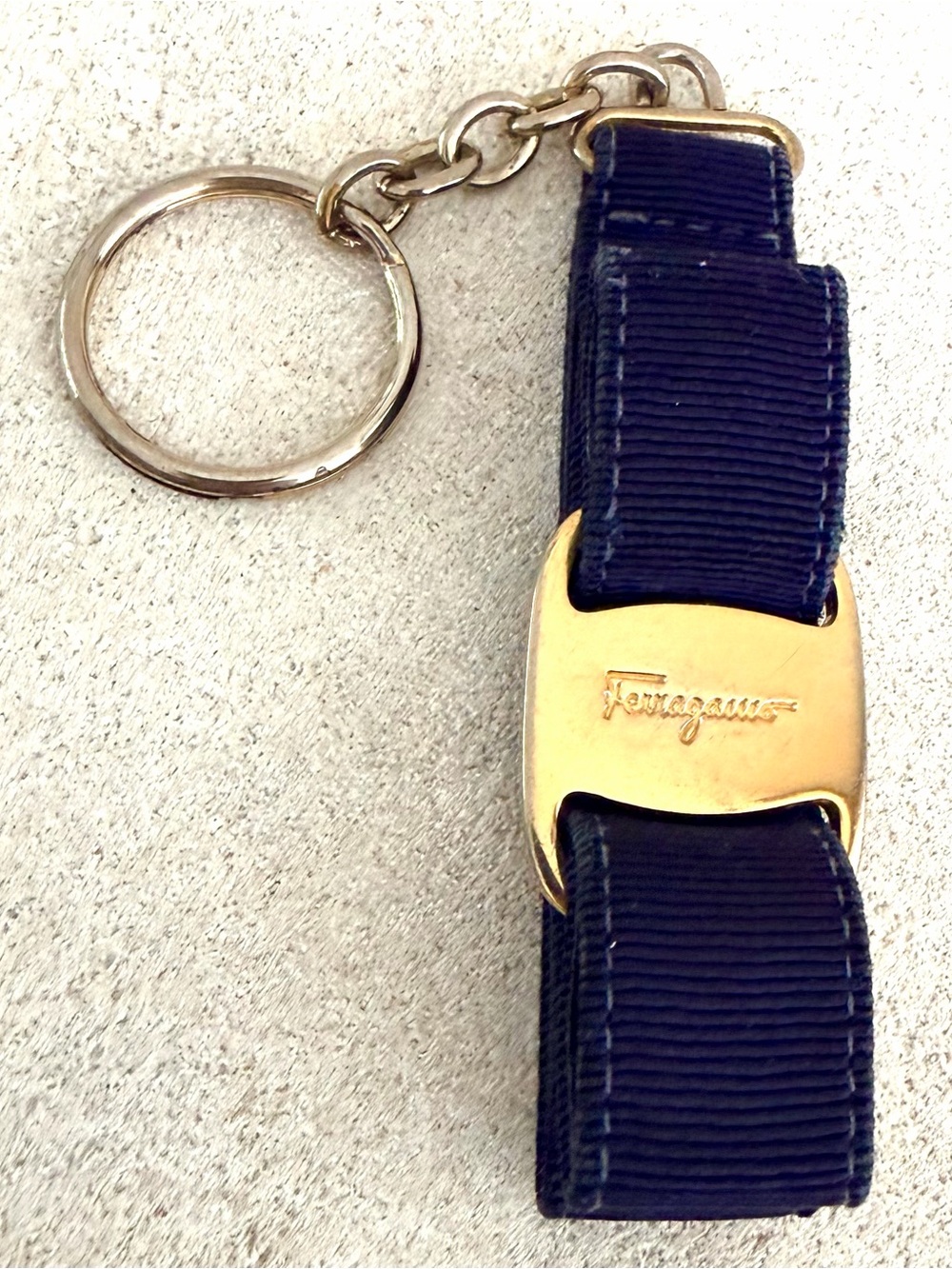 SALVATORE FERRAGAMO Navy Vara Bow Grosgrain Keychain Bag Charm Gold Tone Italy